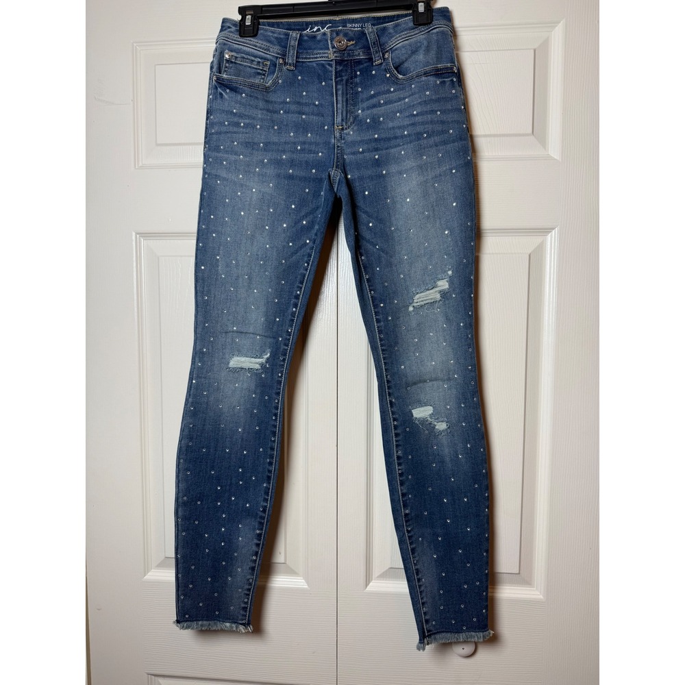 INC International Concepts skinny leg jeans rhinestone embellishments frayed hem